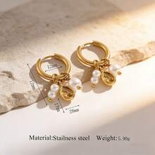 复古金色不锈钢耳环，饰以水滴形宝石和仿珍珠吊坠，优雅女士耳环 - 金色 - 查看 9