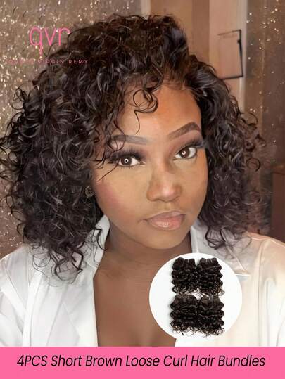 QVR QUEEN VIRGIN REMY QVR 4PCS Short Loose Curl Human Hair Bundles 6 Inch Brown Loose Deep Wave Human Hair Weave For Wigs Short Afro Curly Human Hair Bundle Virgin Remy Brazilian Hair Soft Easy To Use Economic Hair Bundle For Everyday Use