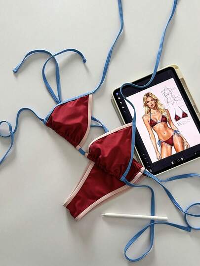 Fashionable Sexy Women's Bikini Set, Contrast Color Strap Bikini, Stylish Bikini, Sexy Bikini, Minimalist Contrast Color Bikini, Suitable For Beach, Vacation, Pool, Holiday Party