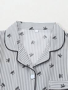 Striped Bow Print Women Bubble Crinkle Short Sleeve Shorts Pajama Set - Black - View 2