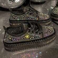 闪亮优雅女士厚底运动鞋，时尚百搭系带鞋 - 黑色 - 查看 14