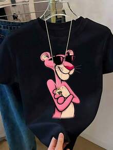 Playera Blanca de Mujer con Gráfico de la Pantera Rosa con Gafas de Sol, Camiseta de Estilo Retro Caricatura Aesthetic Manga Corta, Top Moderno Divertido, Blusa Casual de Moda Callejera - Negro - Ver 1