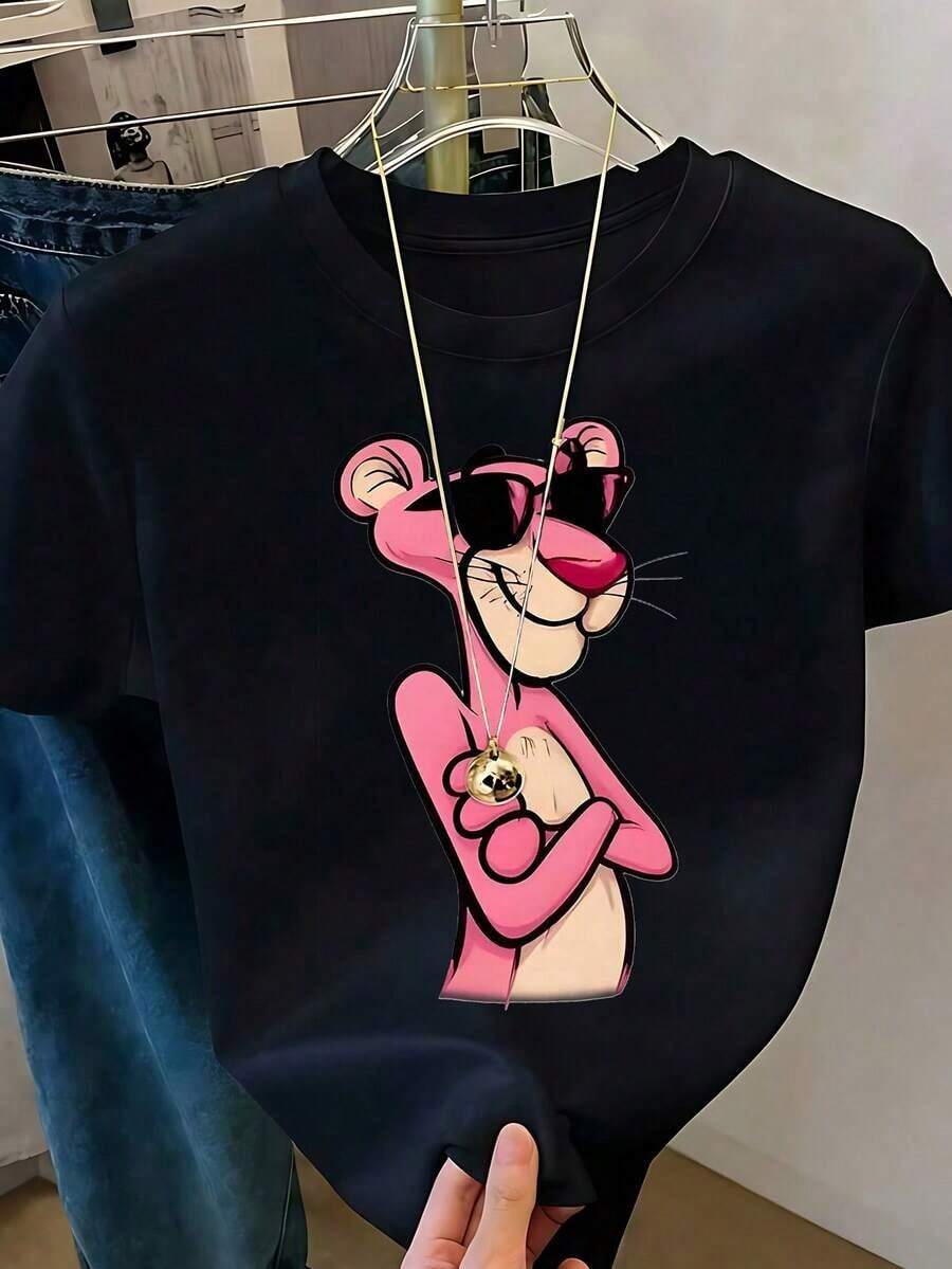 Playera Blanca de Mujer con Gráfico de la Pantera Rosa con Gafas de Sol, Camiseta de Estilo Retro Caricatura Aesthetic Manga Corta, Top Moderno Divertido, Blusa Casual de Moda Callejera - Negro - Ver 1