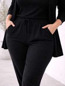 Plus Size 3 Piece Wool Set Cardigan Tank Top Pants Simple Casual Elegant - Black - View 2