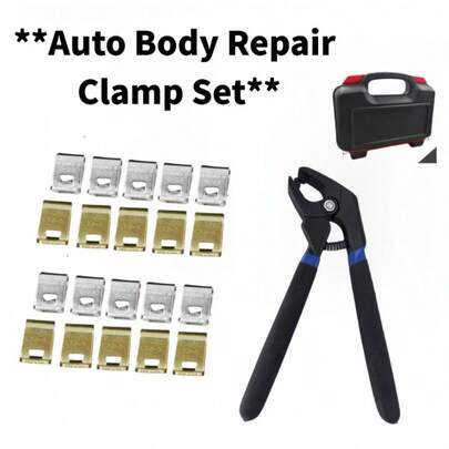 20件套汽车车身面板维修夹具套装，包括20个固定夹具和1个适配器钳，收纳于便携式工具箱中，适用于日常汽车车身面板粘合和焊接工作，节省时间。