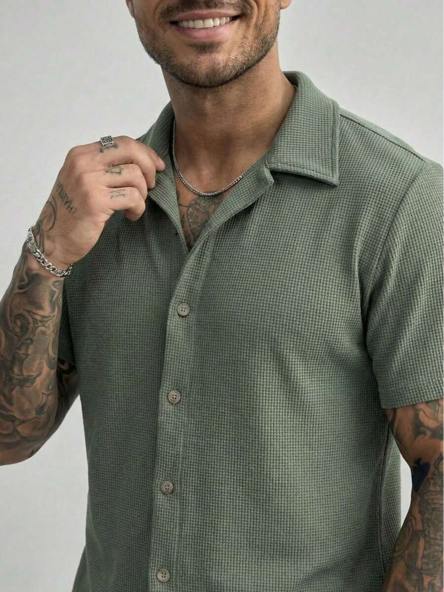 Men's Waffle Shirt For Casual Summer Wear - 綠色 - 查看 1