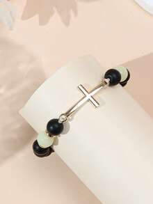 1条极简复古合金十字夜光珠黑色哑光串珠手链，男女皆宜 - 十字架串珠手鍊 - 查看 4