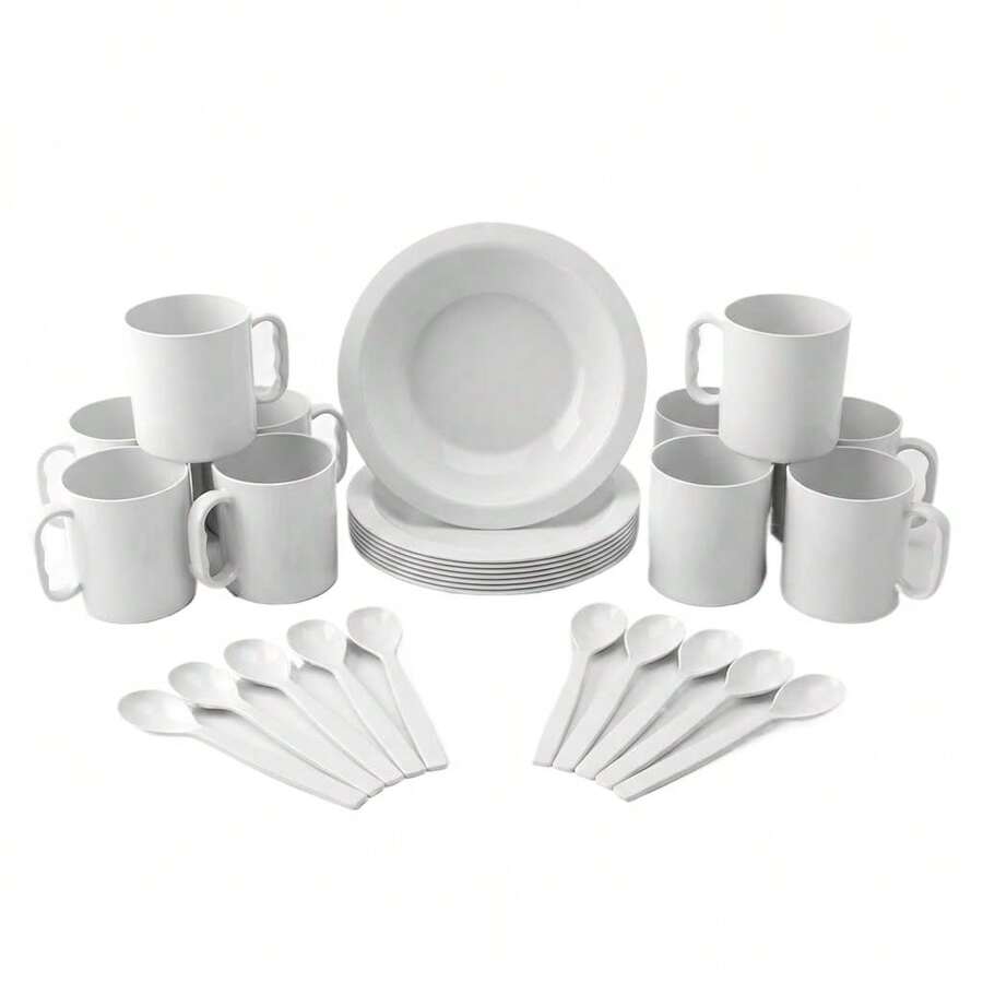 Kit Of 10 Mugs (400ml), 10 Soup Plates (22cm), And 10 Colorful Reusable Plastic Spoons. - trắng - Xem 1