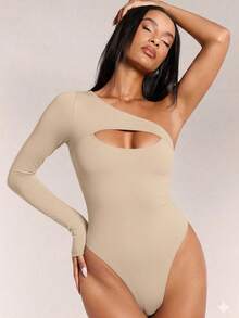 Bodysuits Ombro Caído Feminino, Body Maiôs Assimétricos de Uma Peça - Bege - Visão 2