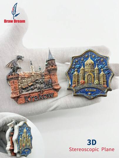 1 chiếc nam châm tủ lạnh bằng nhựa hình Nhà thờ Thánh Mary ở Krakow, Rồng Krakow & Cổng Thánh Florian, quà lưu niệm du lịch 3D, trang trí nhà bếp, văn phòng, nhà cửa, tủ, máy rửa chén.