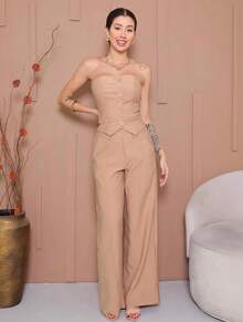 Women's Strapless Tailored Set With Wide-Leg Trousers And Elegant Vest With Buttons, Marrant Sensual Fabric - 米色 - 查看 5