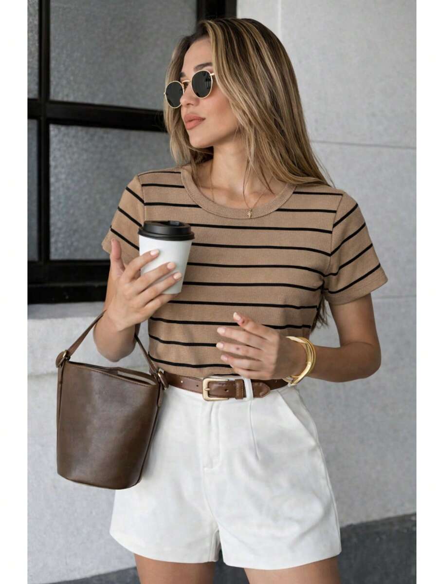Women's Ribbed Cotton Striped Basic Two-Tone T-Shirt - Casual Autumn/Winter/Summer American Style - 條紋卡其色 - 查看 1