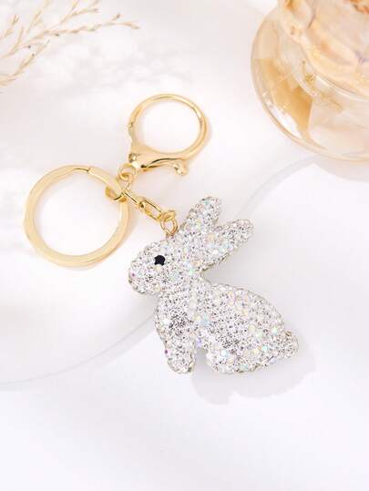 可爱闪亮水钻兔子钥匙扣，女士款，闪亮水晶包包挂饰，汽车钥匙扣配饰