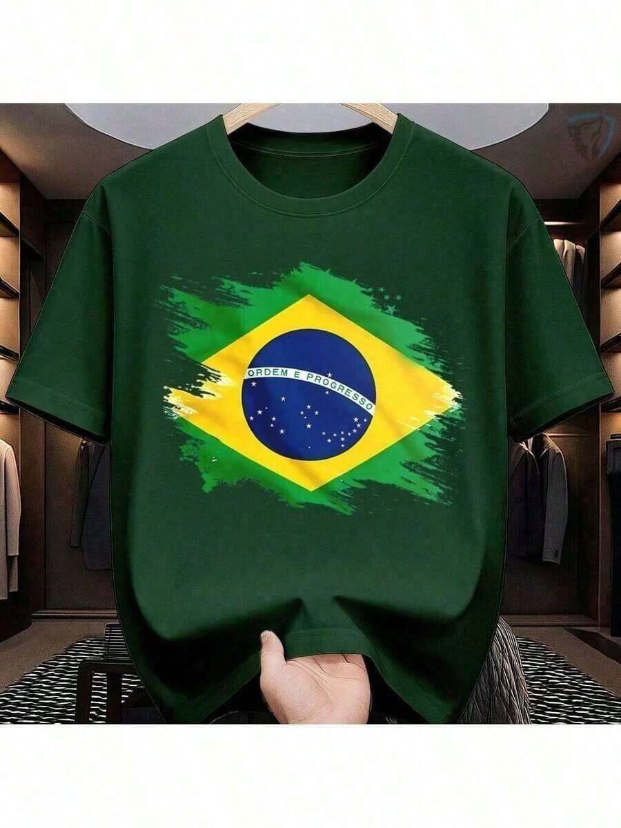 Women's Printed T-Shirt - Brazil Grunge Print - World Cup - 100% Cotton - Soft 26.1 Knit - Màu xanh lá cây đậm - Xem 1