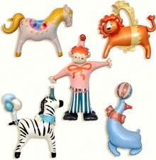 Circus Theme Party Balloons Set, 5PCS Large Standing Animal Balloons – Clown, Lion, Sea Lion, Zebra & Carousel Horse,3D Cream Style Balloons For Kids Birthday, Baby Shower, Carnival Decoration - 5個動物造型立牌 - 查看 6