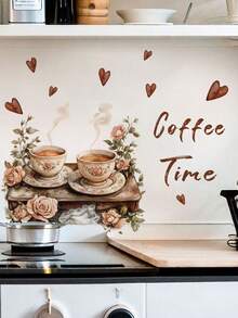 1件浪漫玫瑰花咖啡杯墙贴，可移除墙贴，适用于客厅、厨房、餐厅 - 1PC - 查看 3
