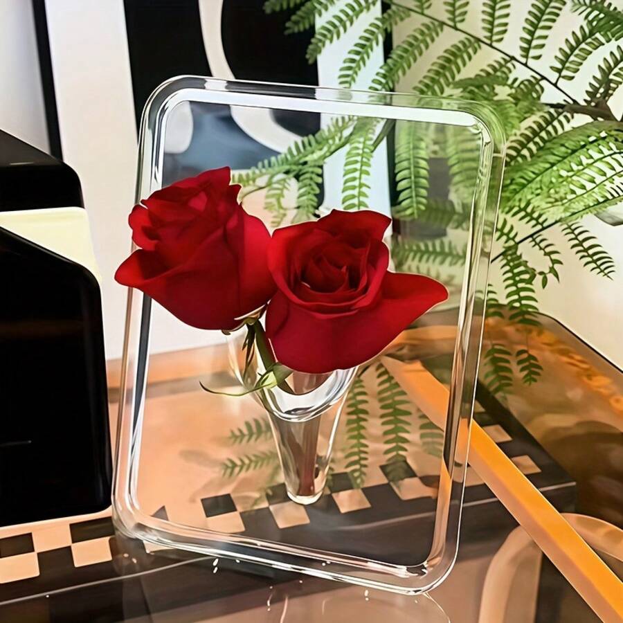 1个透明亚克力花瓶，厚重长方形花盆，框架设计，家居及办公装饰，现代简约桌面配件
