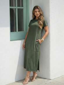 Women's Midi Dress With Pockets Round Neck Everyday Loose Fit - 軍綠色 - 查看 5