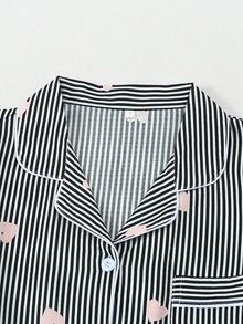 Setelan Piyama Celana Pendek Lengan Pendek Motif Hati Bergaris untuk Wanita - Hitam - View 2