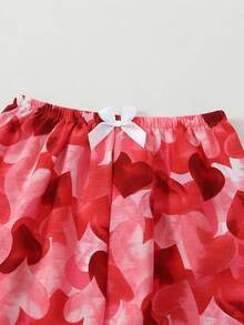 爱心印花女士短袖长裤睡衣套装 - 紅色 - 查看 9