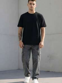 Men's Stonewashed Cargo Jeans With Drawstring Waist And Slight Stretch, Unisex Long, Loose-Fitting Casual Streetwear Skate Pants. - Quần jean mài đá - Xem 4