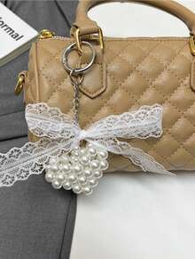 Luxury Quilted Boston Bag For Women, Designer Inspired Mini Handbag With Detachable Lace Pearl Pendant, Multifunctional Top Handle And Adjustable Shoulder Strap, Elegant PU Leather Tote Suitable For Work, Date And Daily Use, Classic Small Pillow Bag Design - Khaki - View 7