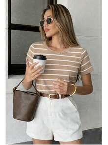 Women's Ribbed Cotton Striped Basic Two-Tone T-Shirt - Casual Autumn/Winter/Summer American Style - 條紋裸色 - 查看 1