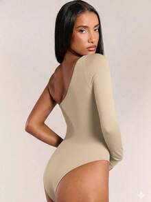 Bodysuits Ombro Caído Feminino, Body Maiôs Assimétricos de Uma Peça - Bege - Visão 4