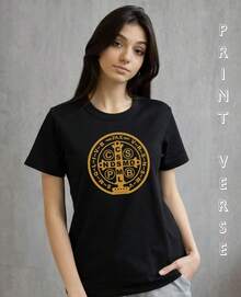 Women's T-Shirt With Saint Benedict Medal, Religious Baby Look, Christian, Catholic Faith, The Holy Cross, Shield Of Divine Protection. - 黑色 - 查看 2