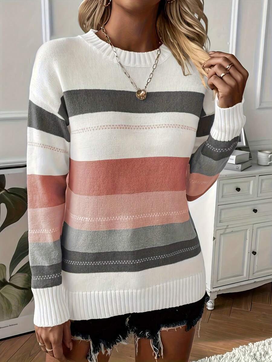 Women's Sweaters, Round Neck Striped Knit Pullover, Long Sleeve Casual Top For Spring Daily Wear, Lightweight Relaxed Fit Sweater - Grey - View 1