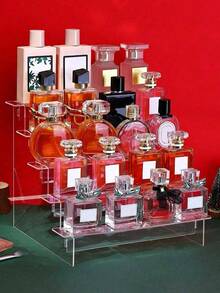 (Embalaje en bolsa de burbujas) 1 pieza Organizador de cosméticos de acrílico, estante de almacenamiento transparente de varias capas, soporte para tartas, contenedor de exhibición de perfumes, organizador de perfumes, estantería de exhibición trapezoidal reforzada, estantería de colección de cosméticos - transparente - Ver 3