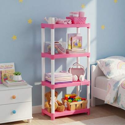 Italhome Estante de plástico chico 4 Niveles, 130 cm x 32 cm x 58 cm, organizador resistente con capacidad de 100 kg total , cada repisa soprta 25 kg, facil instalacion sin herramientas, Color rosa