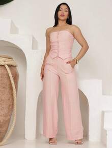 Women's Strapless Tailored Set With Wide-Leg Trousers And Elegant Vest With Buttons, Marrant Sensual Fabric - 淺粉色 - 查看 3