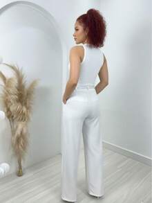 Women's Tailored Wide-Leg Trousers With High Waist, Belt, And Front Crease Detail – Elegant Business Casual Style. - 白色 - 查看 2