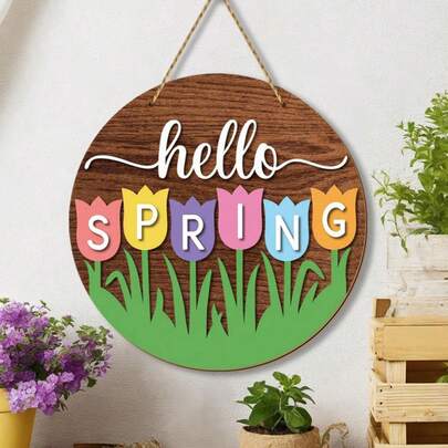 1 Piece Hello Spring Wooden Sign, Rustic Tulip Flower Front Door Sign, Farmhouse Floral Wooden Welcome Sign, Suitable For Spring And Summer Indoor And Outdoor Farmhouse Home Porch Window Decoration