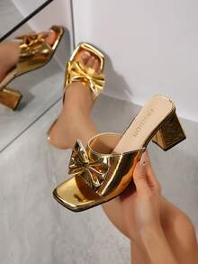 Women's High Heel Sandals, Chunky Heel, Fashionable Butterfly & Flower Design, Wedding Princess Shoes - Gold - View 6