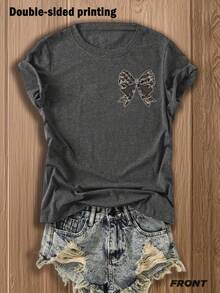 Double-Sided Printed Colored Cotton T-Shirt  Comfortable, Stylish With Minimalist Design, Casual & Versatile, INS Style Camo Bow Design On Navy Blue Shirt Streetwear Graphic T Shirts Vintage - 灰色 - 查看 2
