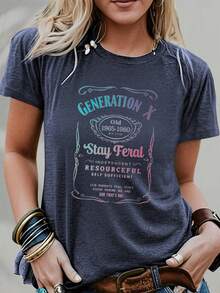Double-Sided Printed Colored Cotton T-Shirt  Comfortable, Stylish With Minimalist Design, Casual & Versatile, INS Style Generation X Stay  Independent Resourceful Self Sufficient 100 - 藏蓝色 - 查看 2