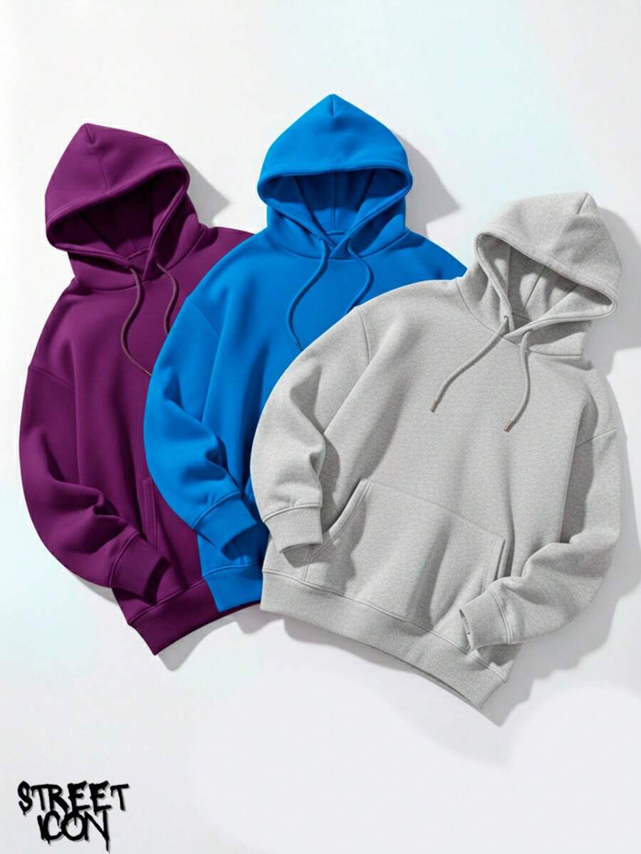 Set Of 3 Colorful Kangaroo Hoodies Streetwear Street Fashion Urban Culture Skaters Unisex 100% Cotton Premium Top Streetwear New Release Immediate Shipping Various Colors!! - 紫色,寶藍色和淺灰色 - 查看 1