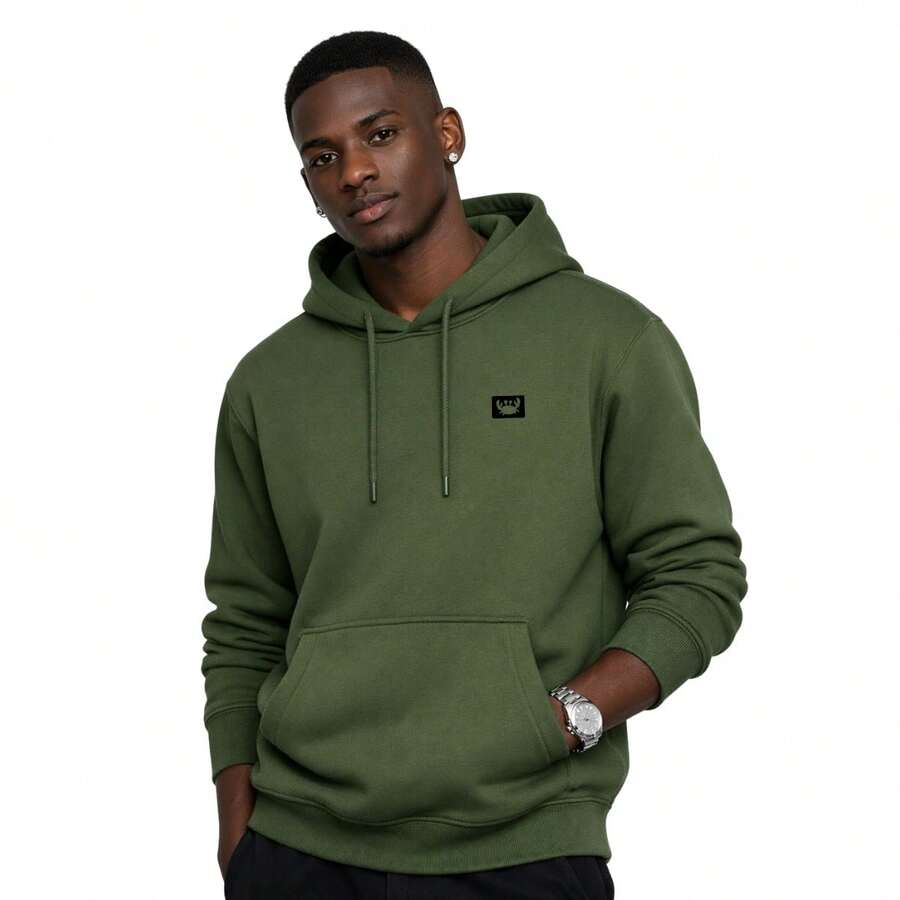 Men's Relaxed Style Sweatshirt With Print, Hooded, And Kangaroo Pocket - Army Green - View 1