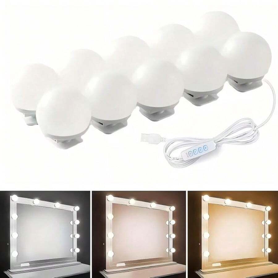 Makeup Mirror Light Bulb, Suitable For Dressing Tables And Dressing Rooms, With 10 Dimmable Bulbs, Three-Color Makeup Light For Birthday Parties, USB Dimmable Lens Light, Color And Brightness Adjustable. - 1 bộ - Xem 1