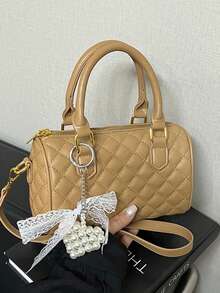 Luxury Quilted Boston Bag For Women, Designer Inspired Mini Handbag With Detachable Lace Pearl Pendant, Multifunctional Top Handle And Adjustable Shoulder Strap, Elegant PU Leather Tote Suitable For Work, Date And Daily Use, Classic Small Pillow Bag Design - Khaki - View 11