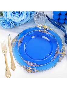 50pcs/25pcs/20pcs/10pcs 7.5inch/10.25inch Transparent Blue Rimmed Plates, Available In Glass Or Plastic Material, Western Dinner Plates, Party Plates, Pasta Plates, Reusable Blue Rimmed Plates, Transparent Blue Baroque Style Plates With Gold Foil Rim, Suitable For Party, Banquet, Wedding, New Year, Valentine's Day, Premium Plate Set - Blue - View 6