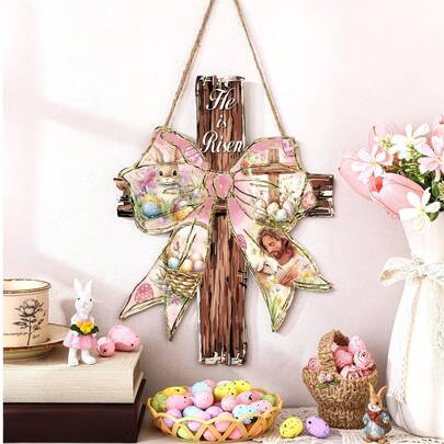 1 pieza Colgante de puerta de corona de Pascua "Él ha resucitado" en 2D - Cruz cristiana religiosa, corona de la resurrección de Jesús, decoración colgante artificial para puerta, adecuada para casa de campo, iglesia de primavera, decoración del porche del hogar