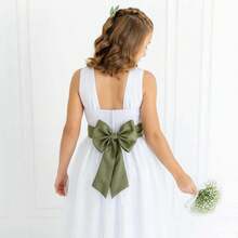 White Long Dress With Olive Pleats And White Tulle Skirt With Sash REF4072 - Olive Green - View 3