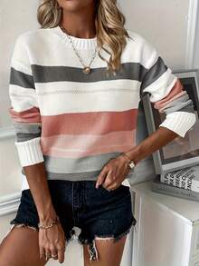 Women's Sweaters, Round Neck Striped Knit Pullover, Long Sleeve Casual Top For Spring Daily Wear, Lightweight Relaxed Fit Sweater - Grey - View 3