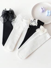 1 Pair Kids Socks With 3D Mesh Bow, Black & White Color Options, Breathable & Skin-Friendly, Suitable For 3-12Y Girls, Sweet Style For Daily Wear, Dresses, JK Uniforms, Dates, Casual Outings - Black and White - View 4