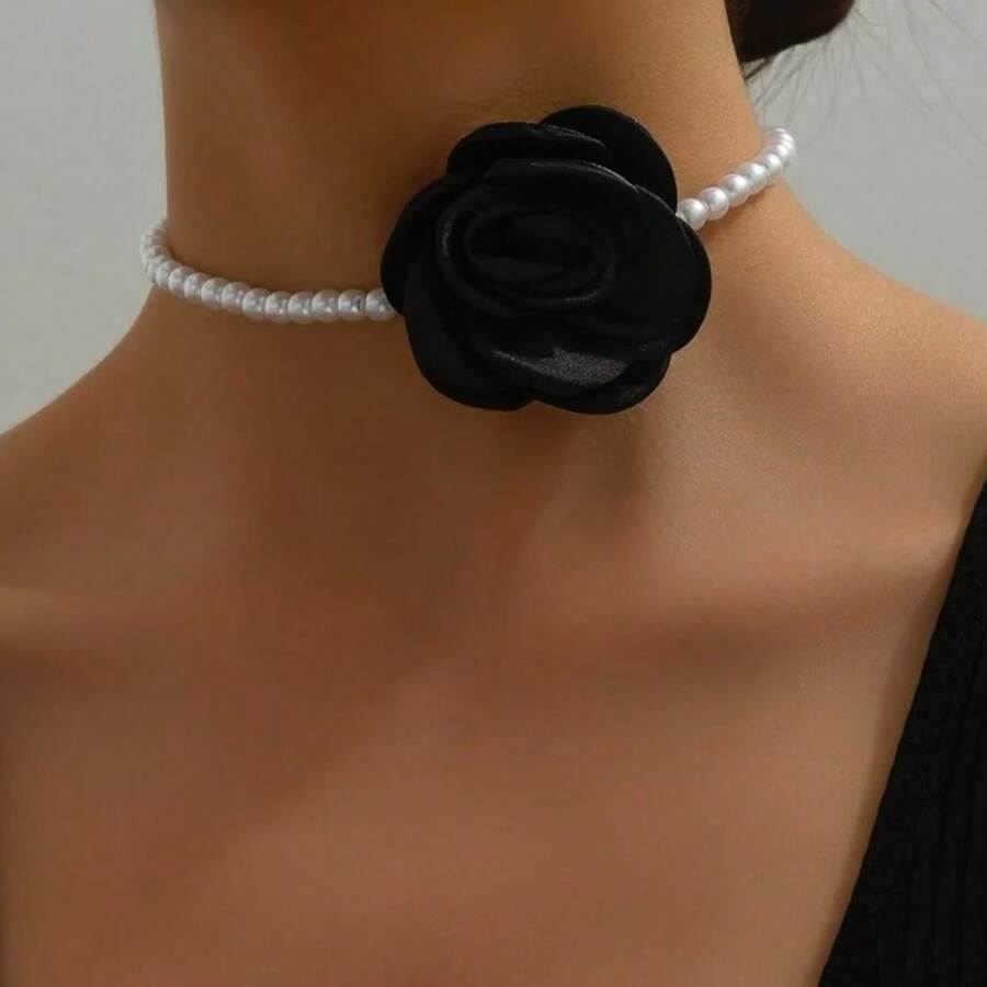 1pc Women's Elegant Faux Pearl Fabric Flower Beaded Necklace, Suitable For Party Wear - Grey - View 1
