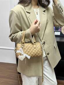Luxury Quilted Boston Bag For Women, Designer Inspired Mini Handbag With Detachable Lace Pearl Pendant, Multifunctional Top Handle And Adjustable Shoulder Strap, Elegant PU Leather Tote Suitable For Work, Date And Daily Use, Classic Small Pillow Bag Design - Khaki - View 3