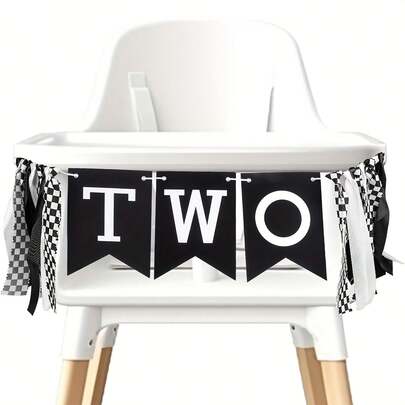 1pc Black & White High Chair 2nd Birthday Banner, Checkered High Chair Banner Sign, Suitable For Birthday Party Decoration